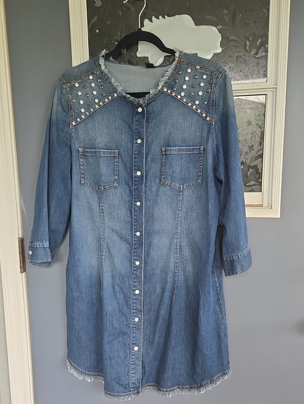 Black Label Blue Denim Long Sleeve Shirt Dress with Studded Yoke